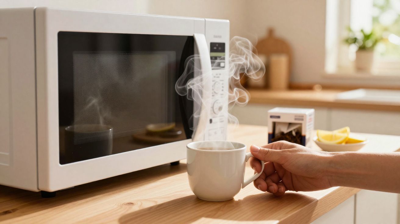 Mão segurando caneca fumegante perto de micro-ondas branco em bancada de cozinha clara.