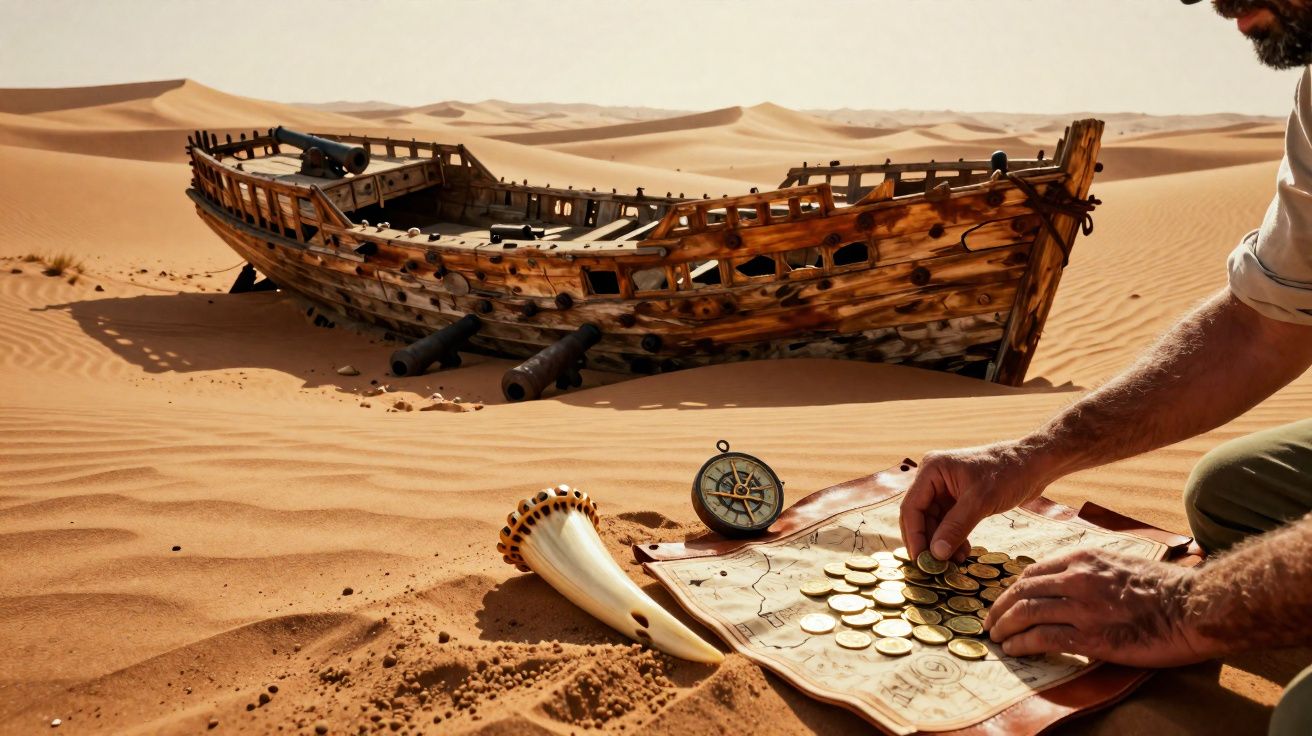 Navio pirata abandonado no deserto com mapa, moedas, bússola e mãos segurando moedas na areia.