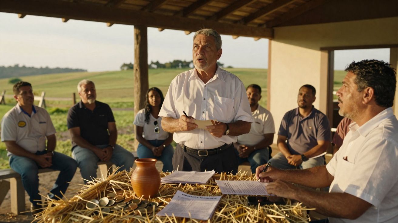 Homem falando para grupo sentado em área aberta sob cobertura, mesa com documentos e jarra de barro.