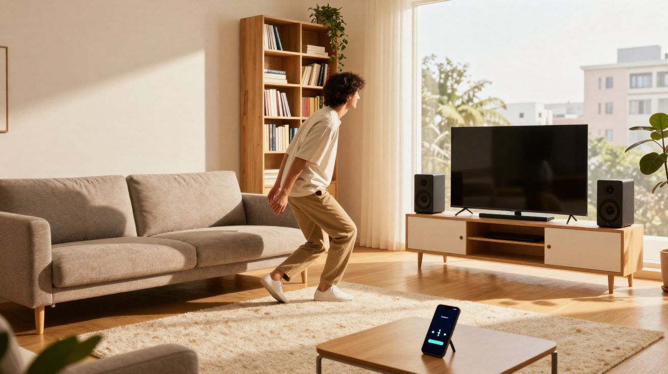 Pessoa em sala de estar moderna com sofá cinza, estante de livros, TV e aparelho de celular em mesa de centro.