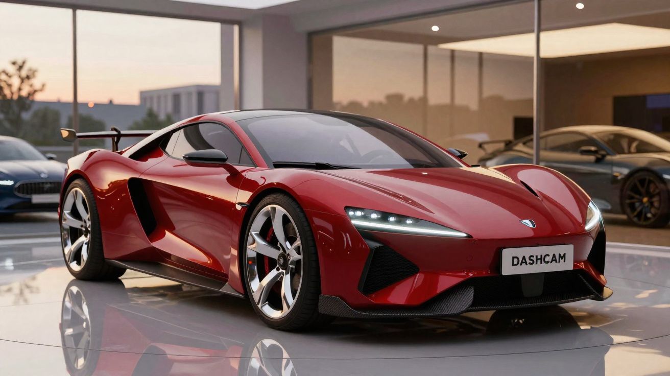 Carro esportivo vermelho moderno estacionado em frente a um prédio com vidro refletindo o veículo.
