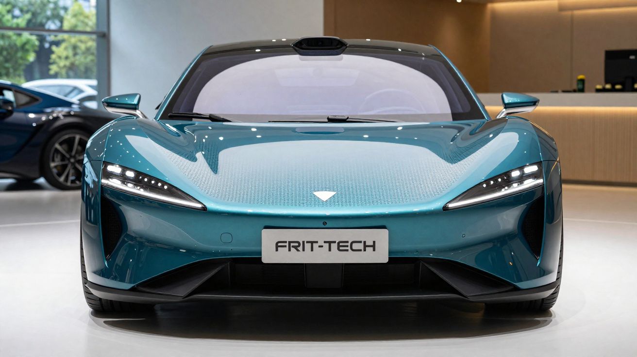 Carro esportivo elétrico azul metálico modelo FRIT-TECH visto de frente em showroom moderno.