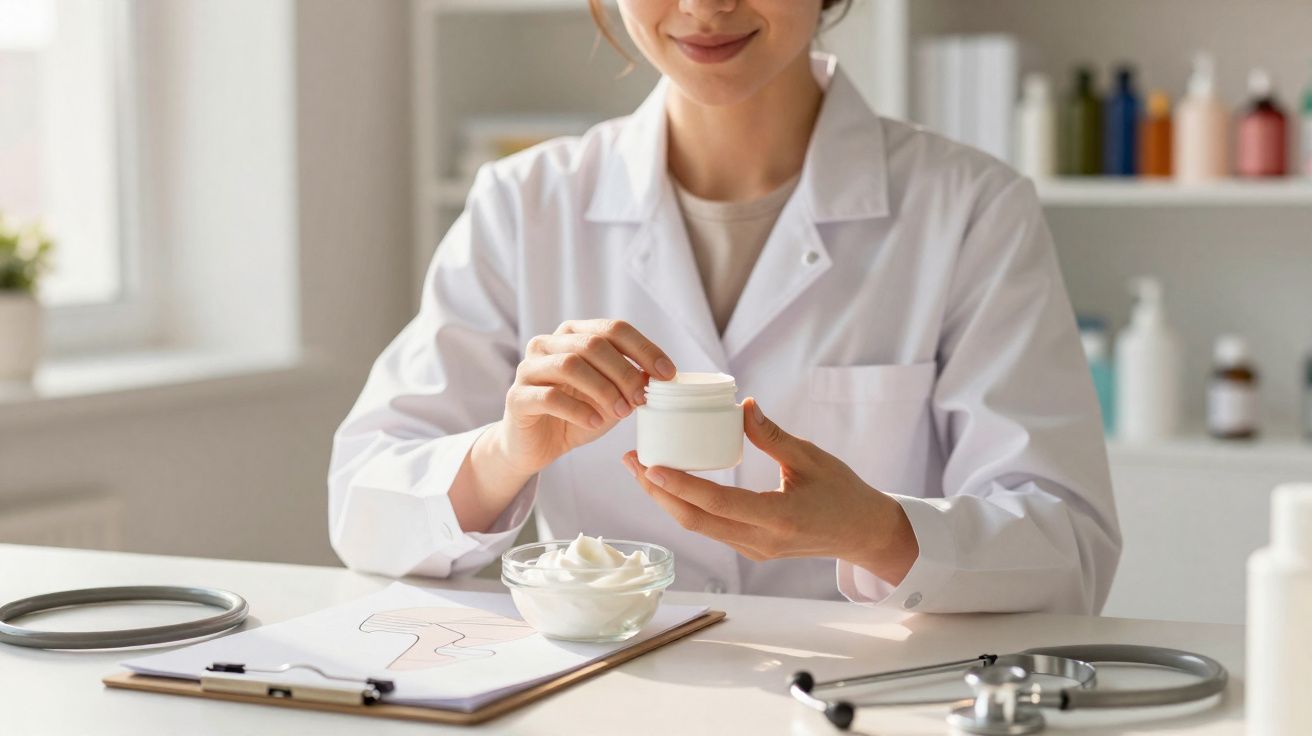 Profissional de saúde com jaleco branco segurando pote de creme em consultório luminoso.