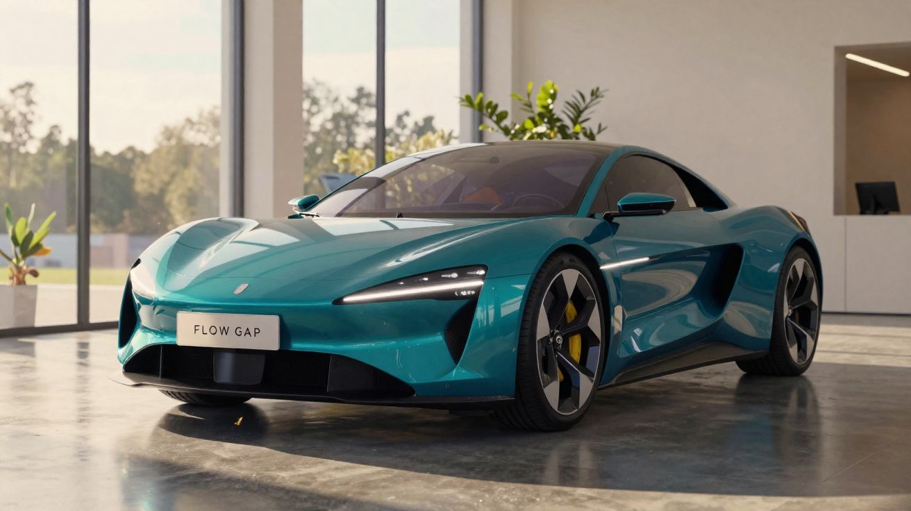 Carro esportivo elétrico azul com design aerodinâmico em salão moderno com grandes janelas.