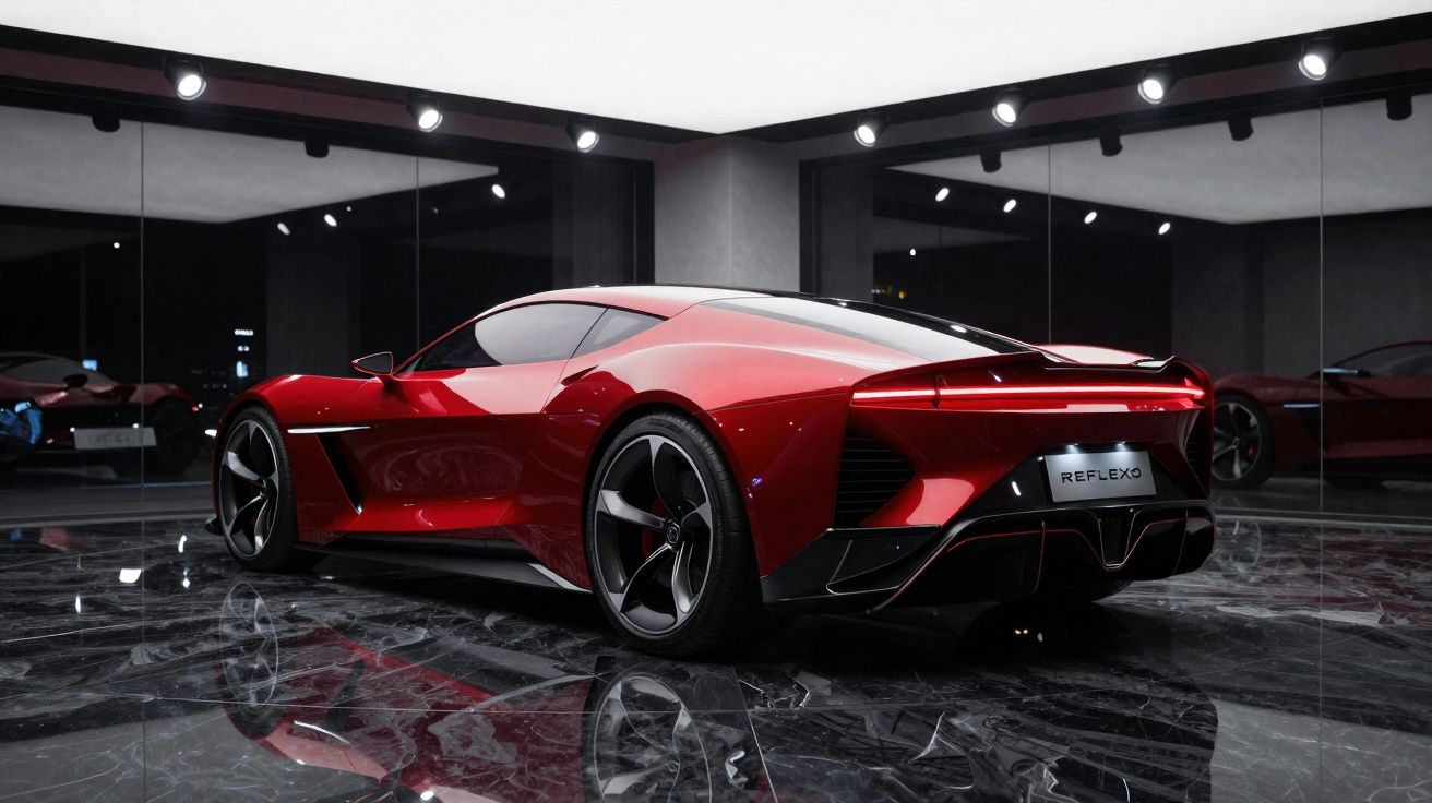 Carro esportivo vermelho reluzente em ambiente moderno com piso de mármore e paredes espelhadas.