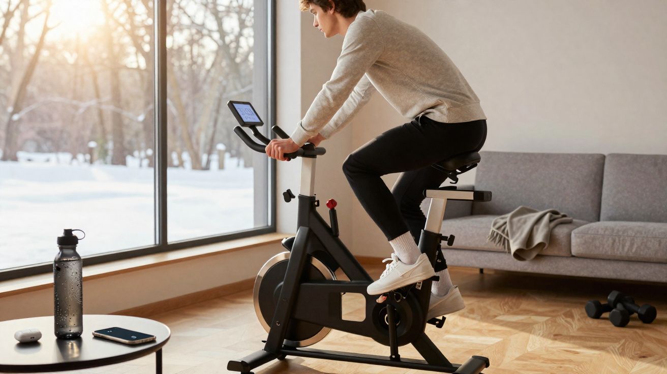 Pessoa pedalando bicicleta ergométrica próxima à janela em sala com sofá e halteres no chão.
