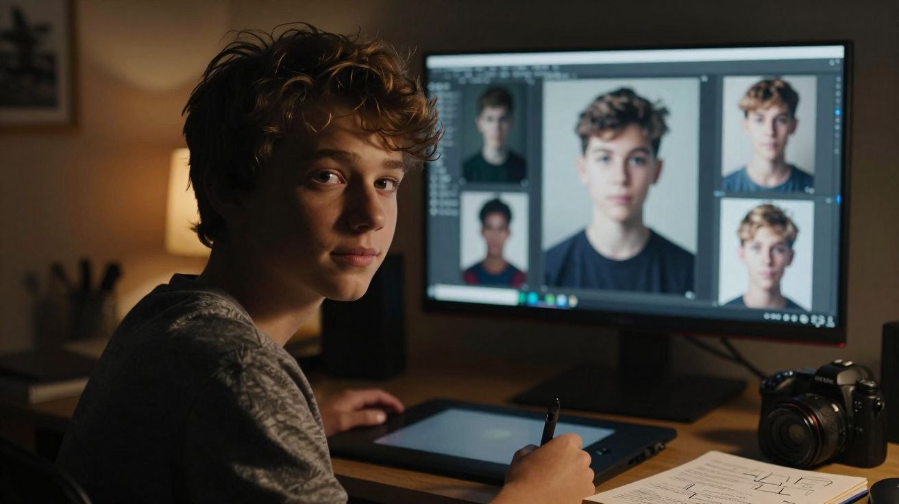 Adolescente sentado à mesa trabalhando em edição de fotos no computador com câmera ao lado e prancheta digital.
