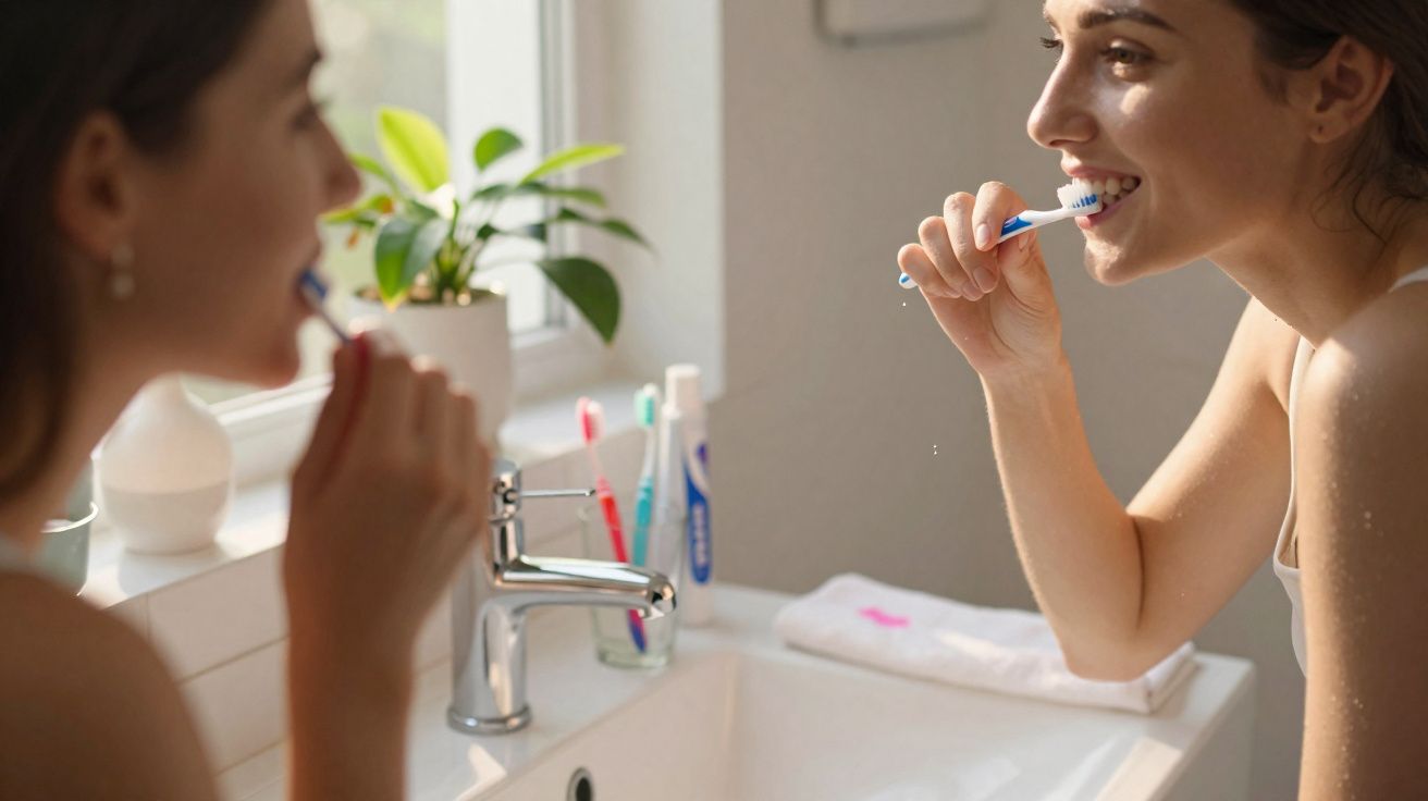 Mulher escovando os dentes em banheiro iluminado, refletida no espelho próximo à pia.