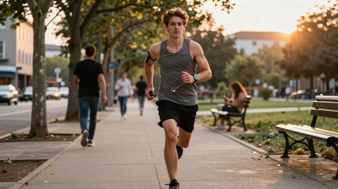 Homem jovem correndo em roupa esportiva na calçada de parque urbano ao entardecer.