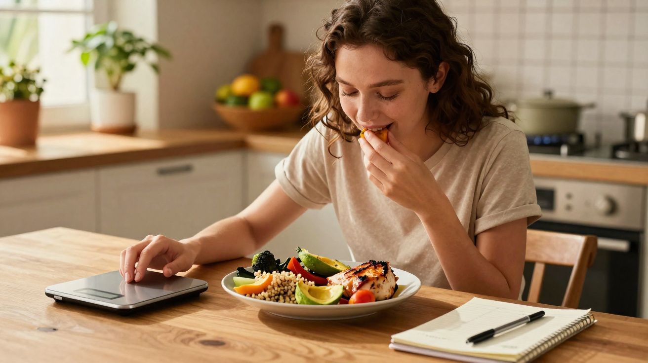 Mulher saboreando refeição saudável enquanto ajusta balança digital e faz anotação em caderno na cozinha.