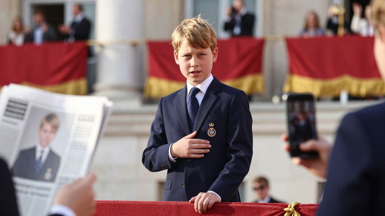Menino vestido com terno azul escuro em evento formal com público ao fundo e pessoas registrando o momento.