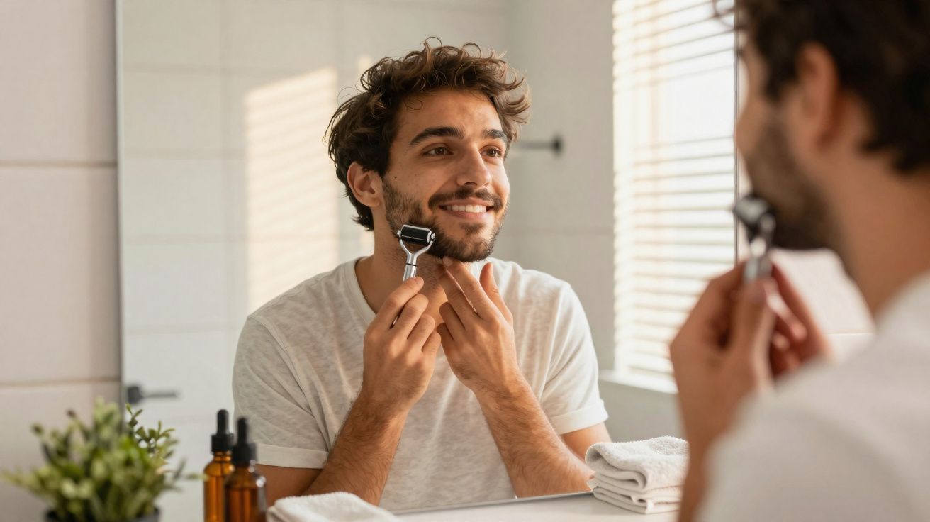 Homem sorridente usando dermaroller no rosto em frente ao espelho no banheiro iluminado.