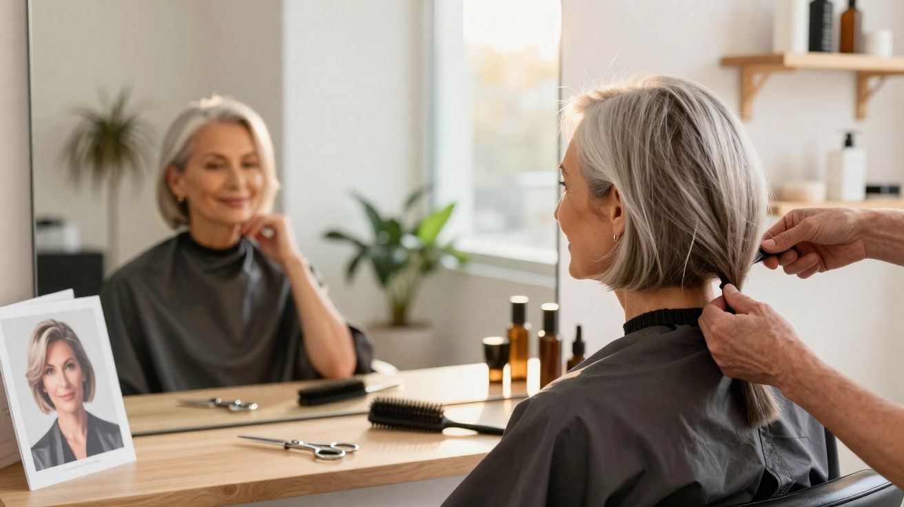 Mulher madura sentada em salão de beleza sendo preparada para novo corte de cabelo refletida no espelho.