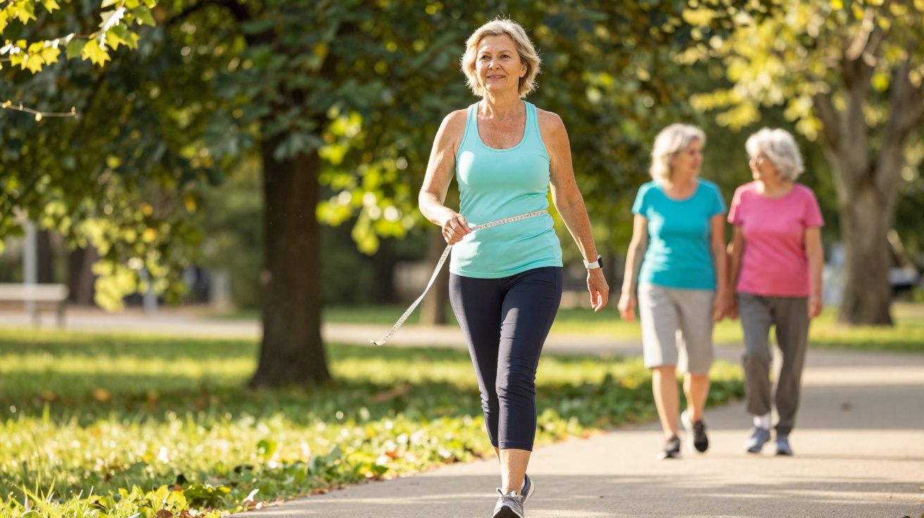 Mulher sorridente caminhando com fita métrica no parque, duas mulheres ao fundo conversando.