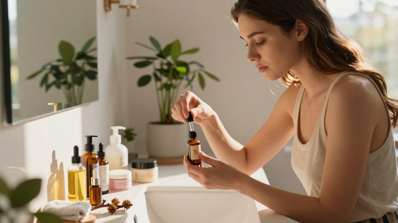 Mulher aplicando sérum facial em ambiente iluminado, com vários produtos de beleza sobre a pia.