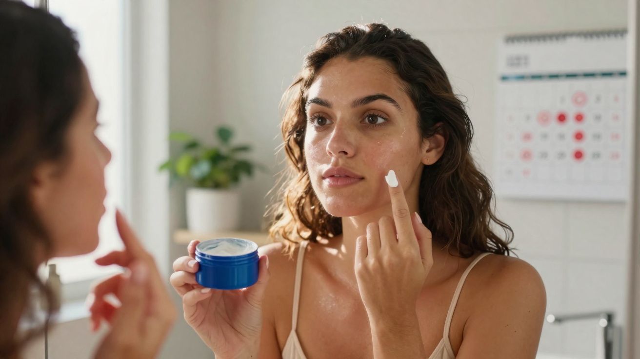 Mulher aplicando creme facial com o dedo na pele, olhando no espelho em banheiro iluminado.