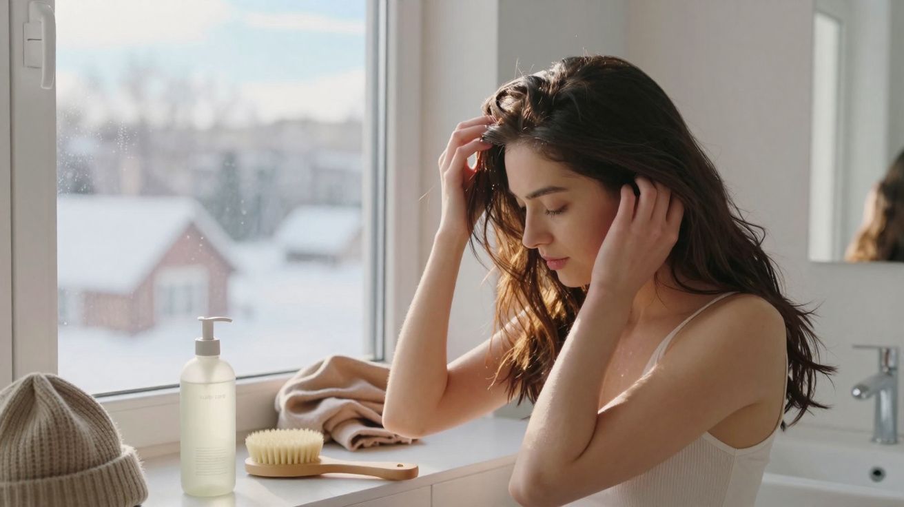 Mulher arrumando o cabelo ao lado de janela com produtos de cuidados pessoais no parapeito.
