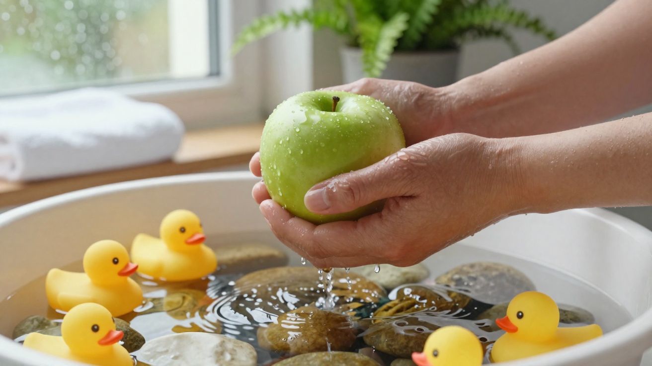 Mãos segurando maçã verde molhada sobre bacia com água, pedras e patinhos de borracha amarelos.