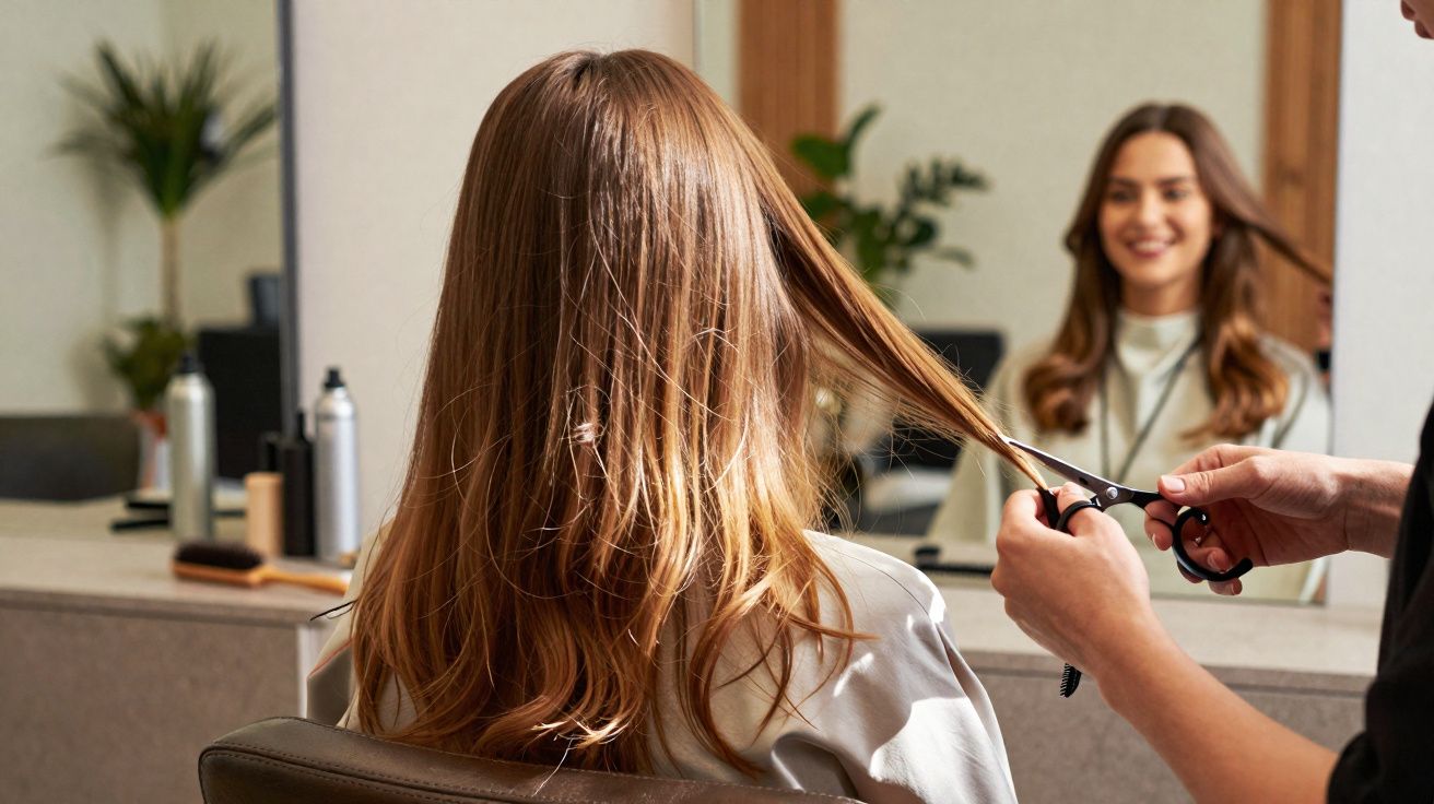 Mulher sorridente cortando o cabelo longo em um salão de beleza, vista pelo espelho.