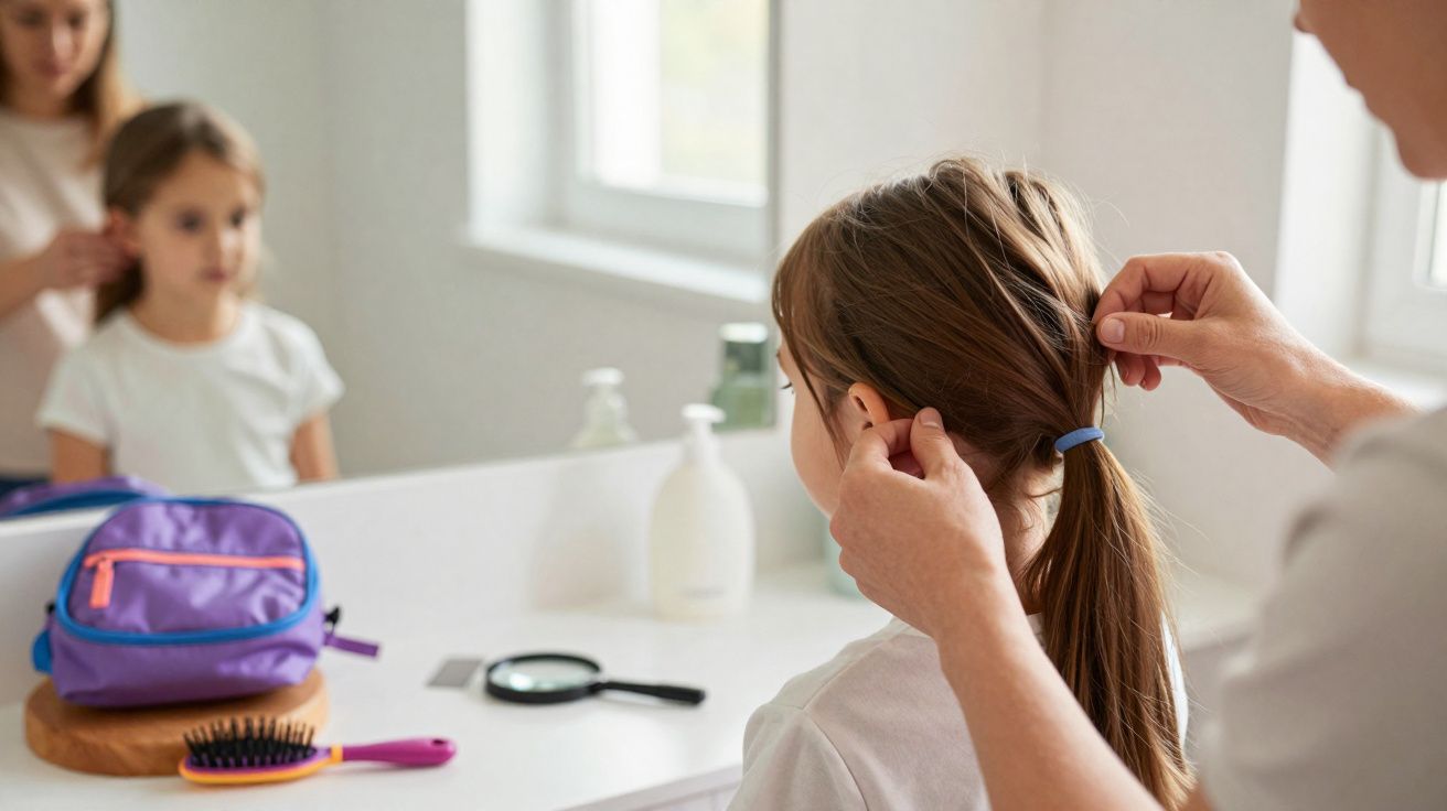 Adulto prendendo o cabelo de uma menina em frente ao espelho de um banheiro branco.