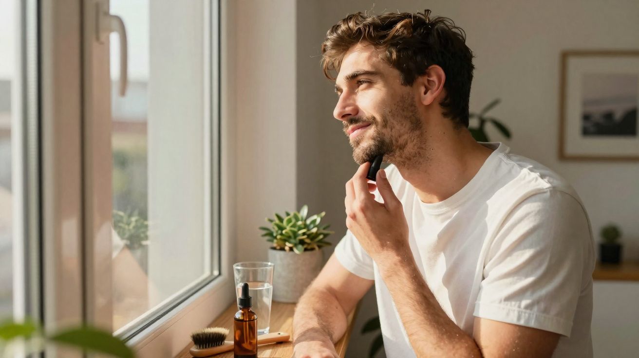 Homem jovem aparando a barba com aparador, olhando pela janela iluminada pela luz natural.