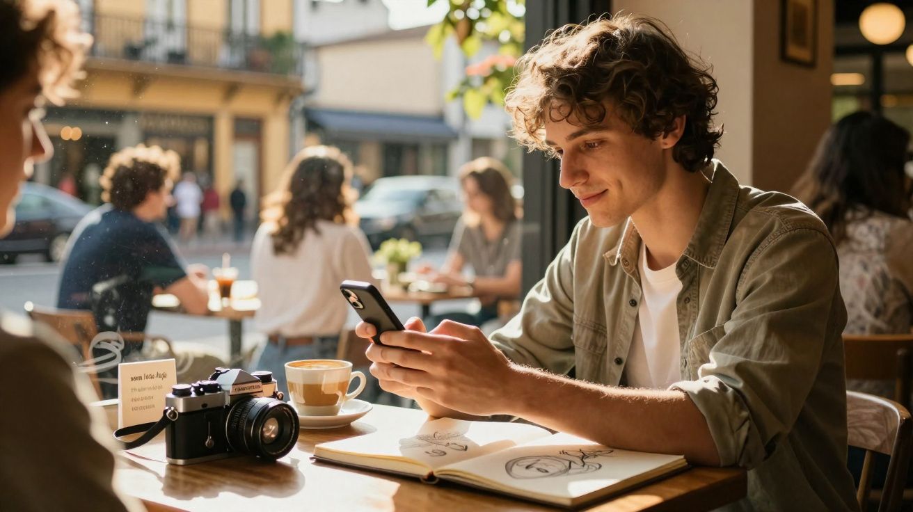 Jovem sorrindo olhando o celular em cafeteria com câmera e caderno de desenhos na mesa.