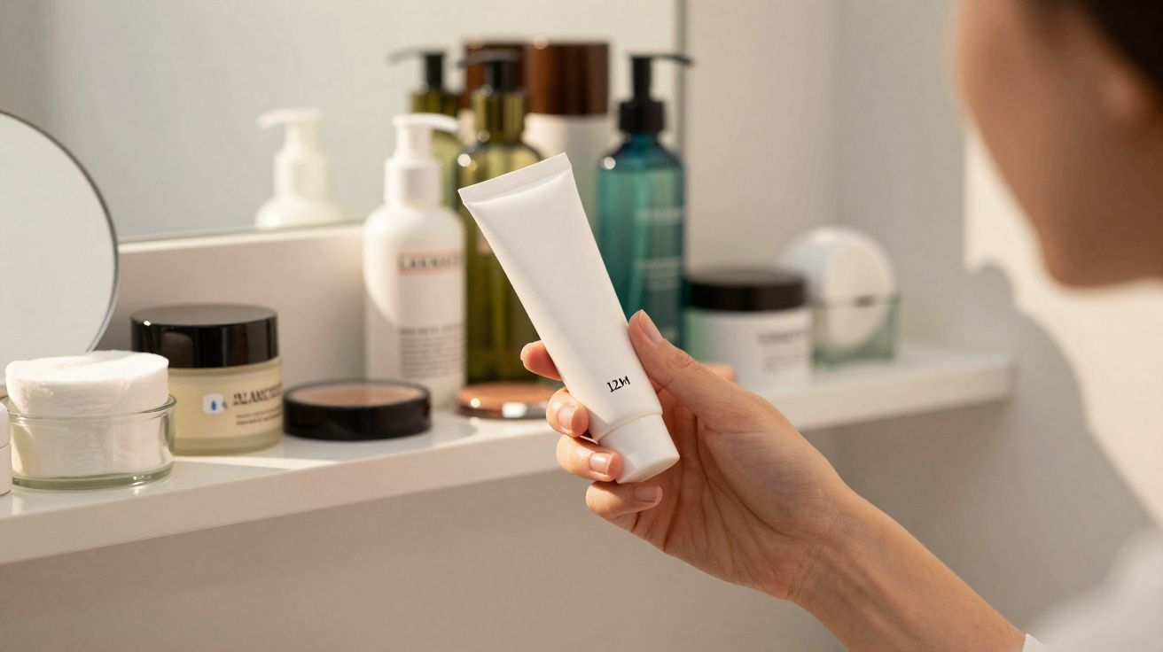 Pessoa segurando bisnaga branca de cosmético em banheiro com produtos sobre prateleira e espelho atrás.