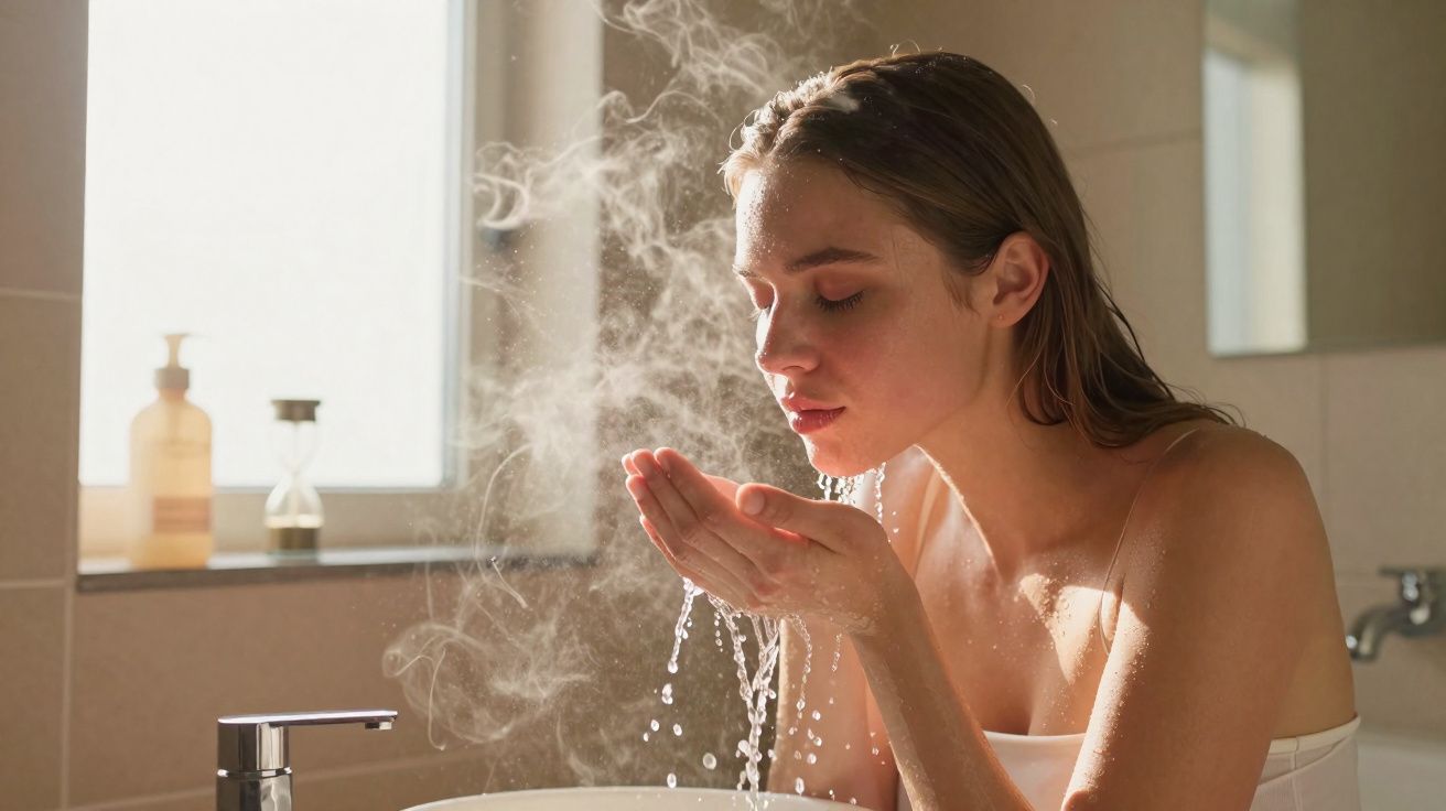 Mulher lavando o rosto com água quente gerando vapor em banheiro iluminado pela luz natural.