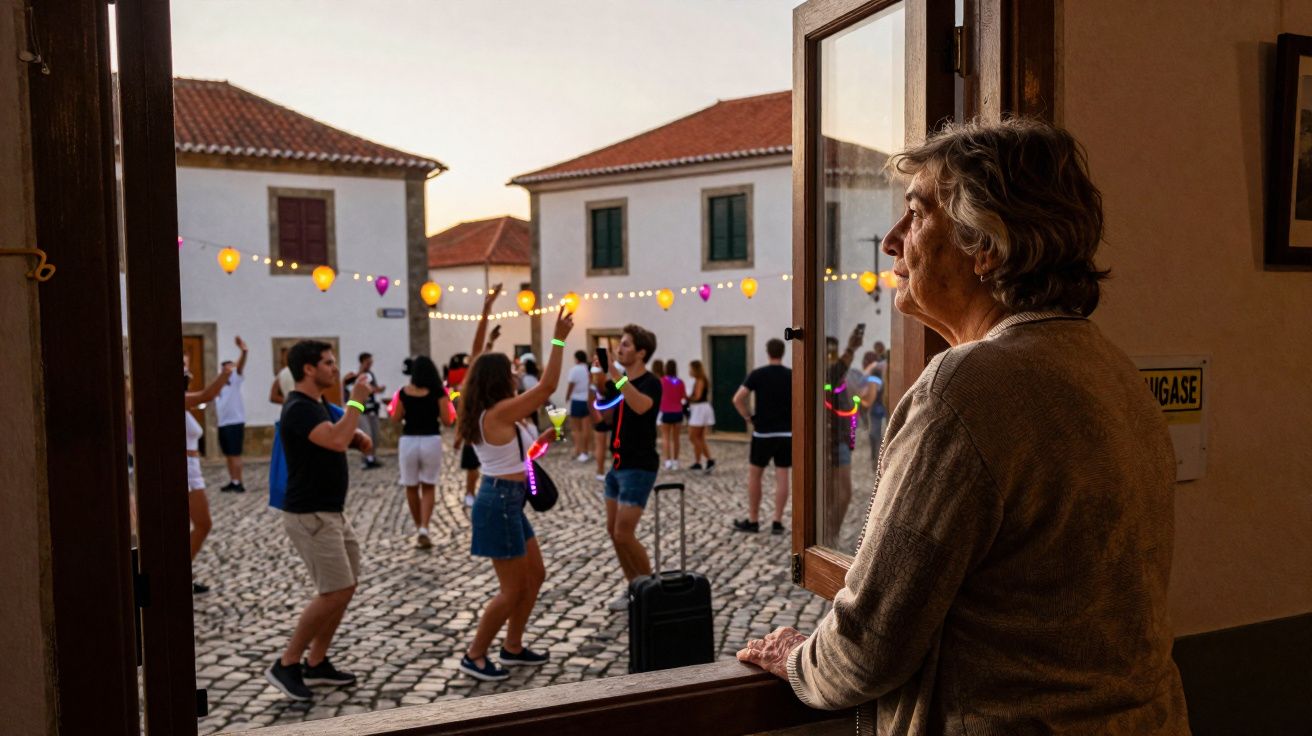 Pessoa idosa observa grupo de jovens dançando em praça com iluminação decorativa ao entardecer.
