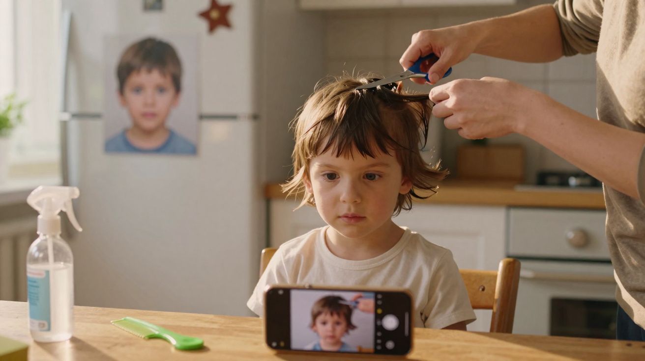 Criança sentada para cortar o cabelo, com adulto cortando e celular registrando o momento.
