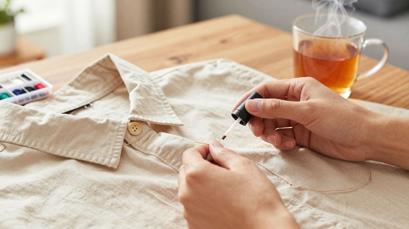 Pessoa aplicando removedor de manchas em camisa bege sobre mesa com xícara de chá fumegante.