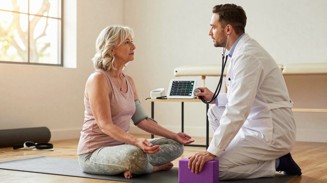 Mulher idosa faz meditação enquanto médico mede sua pressão arterial em ambiente claro e tranquilo.