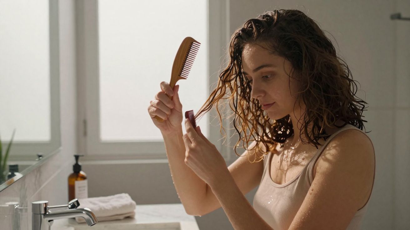 Mulher penteando cabelo molhado com dois pentes, em banheiro iluminado por luz natural.