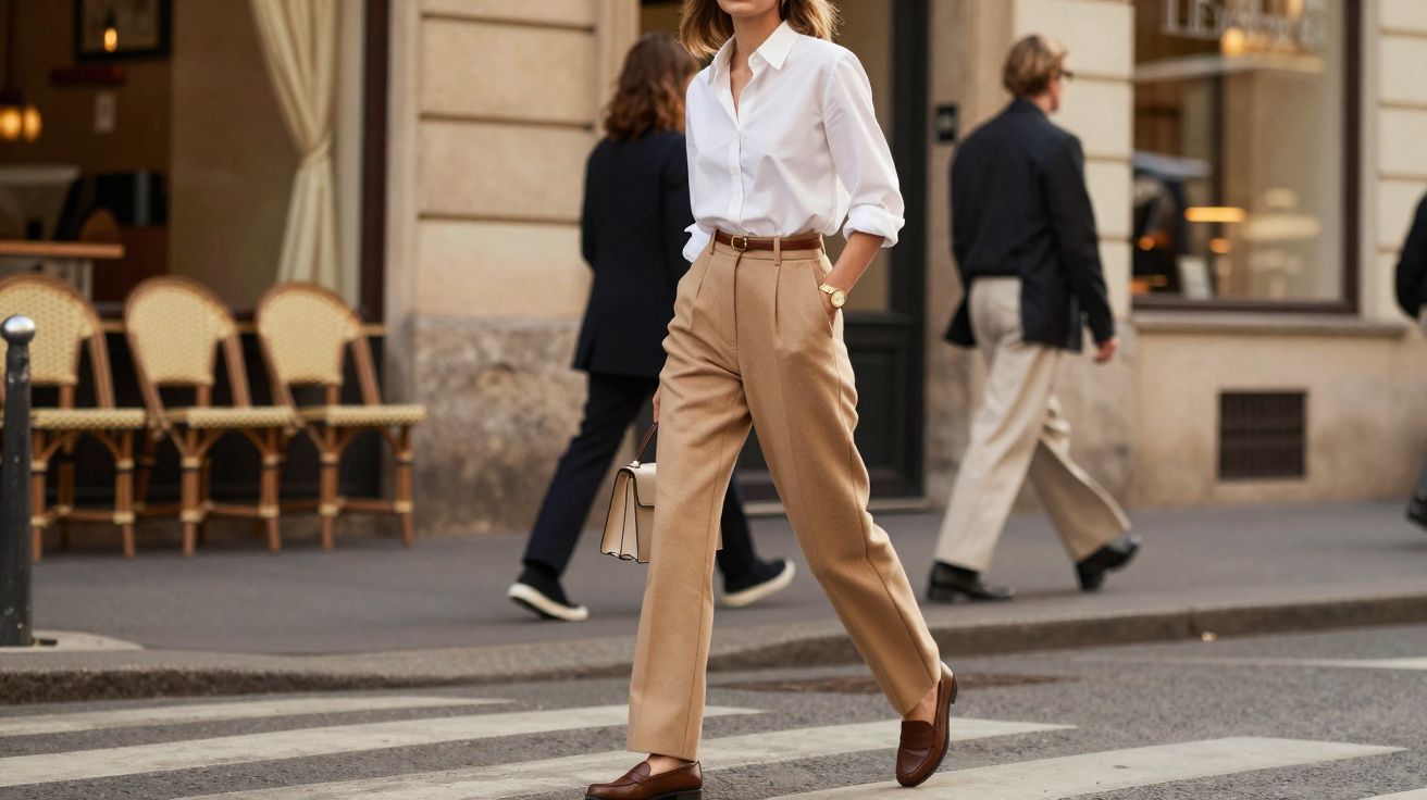 Mulher caminhando na faixa de pedestres com camisa branca, calça bege e sapatos marrons.