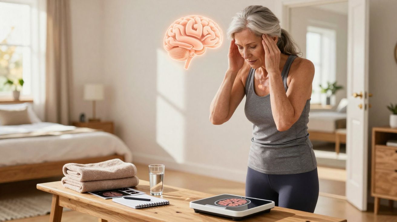 Mulher madura segurando a cabeça com expressão de dor, simbolizando dor de cabeça ou problema cerebral.