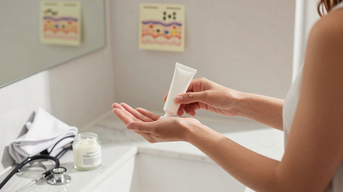 Pessoa aplicando creme nas mãos em banheiro com estetoscópio e vela ao fundo.