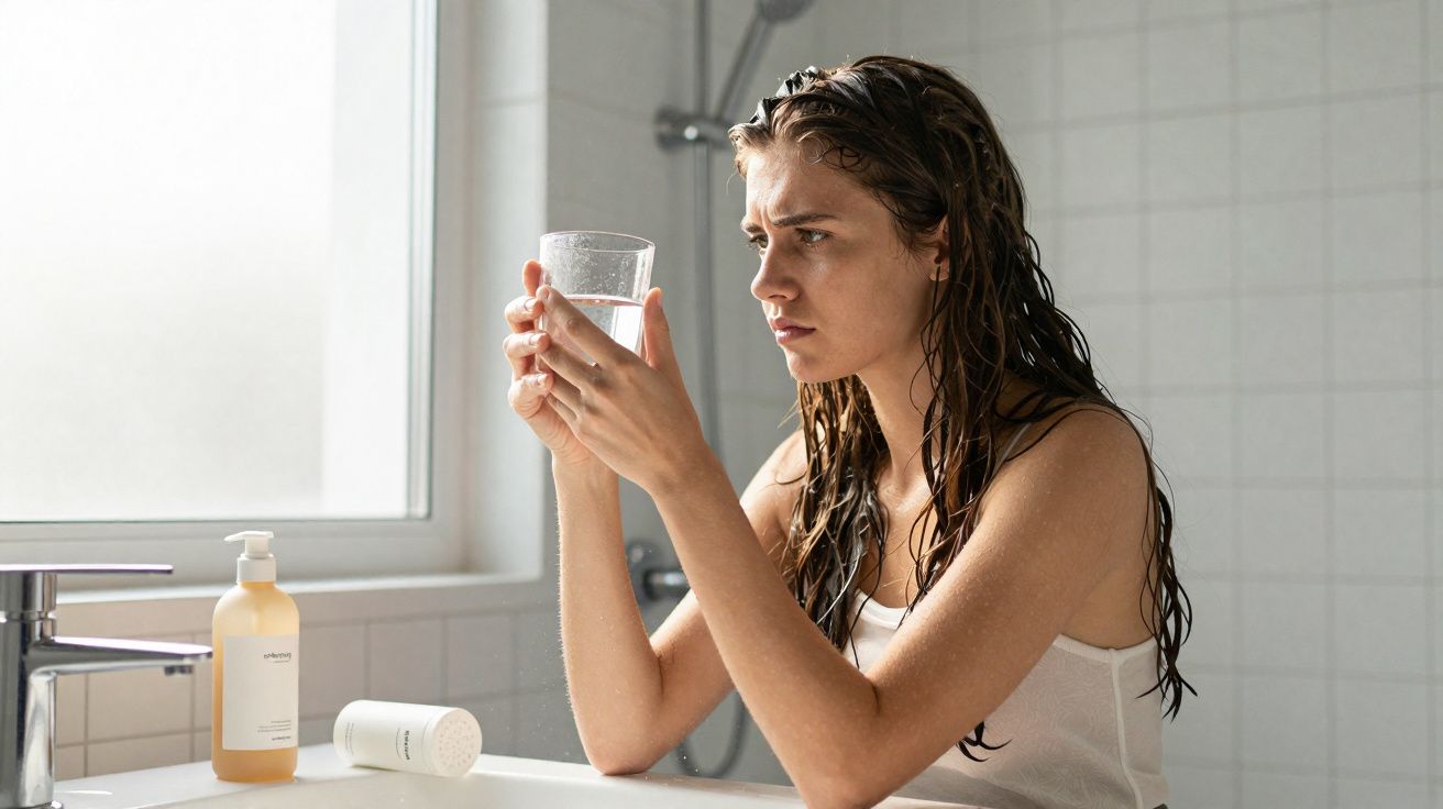Mulher com cabelo molhado, olhando com atenção para um copo de água transparente em banheiro.