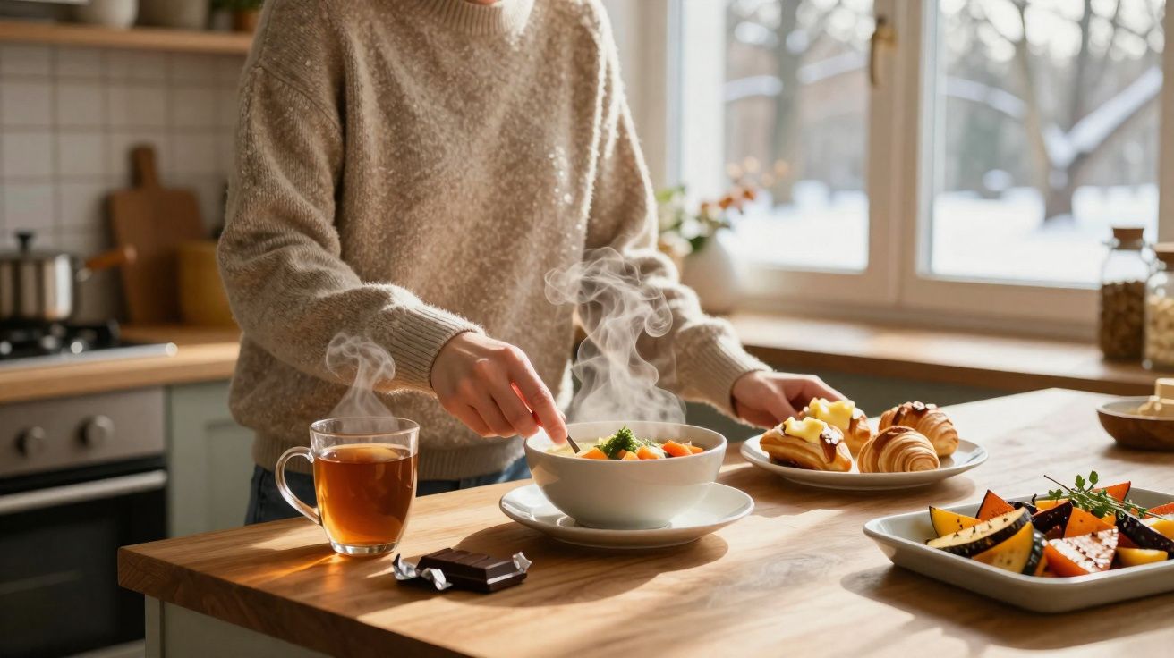 Pessoa mexendo em sopa quente na cozinha com chá, chocolate e pratos de frutas e doces na mesa.