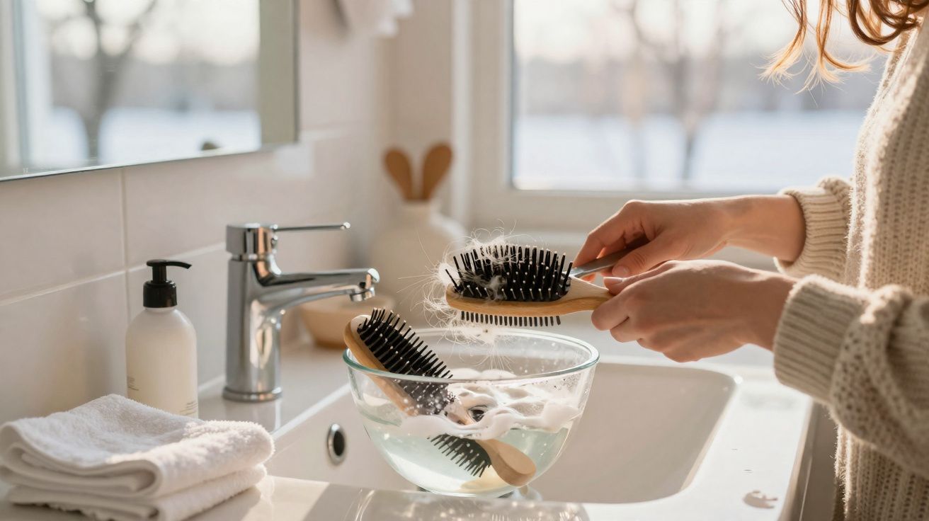 Pessoa limpando escovas de cabelo com muito fio branco preso, pia com toalhas e sabonete líquido no banheiro.