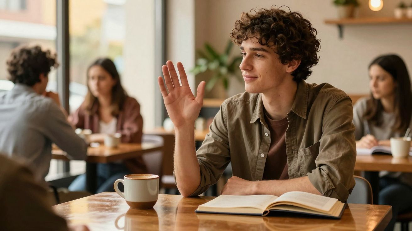 Jovem sentado em café com livro aberto acena para alguém, ao redor outras pessoas conversam e estudam.