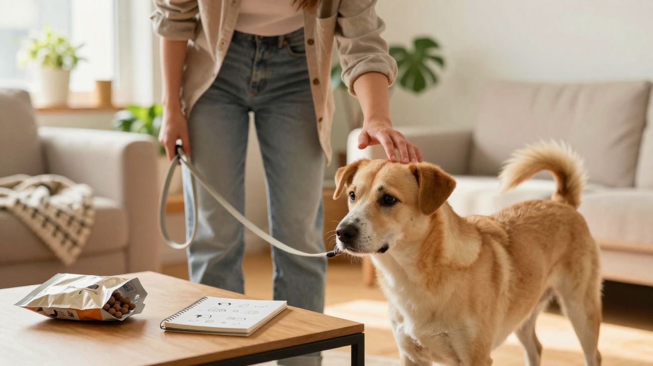 Pessoa acariciando cachorro com coleira em sala de estar aconchegante com sofá e mesa.
