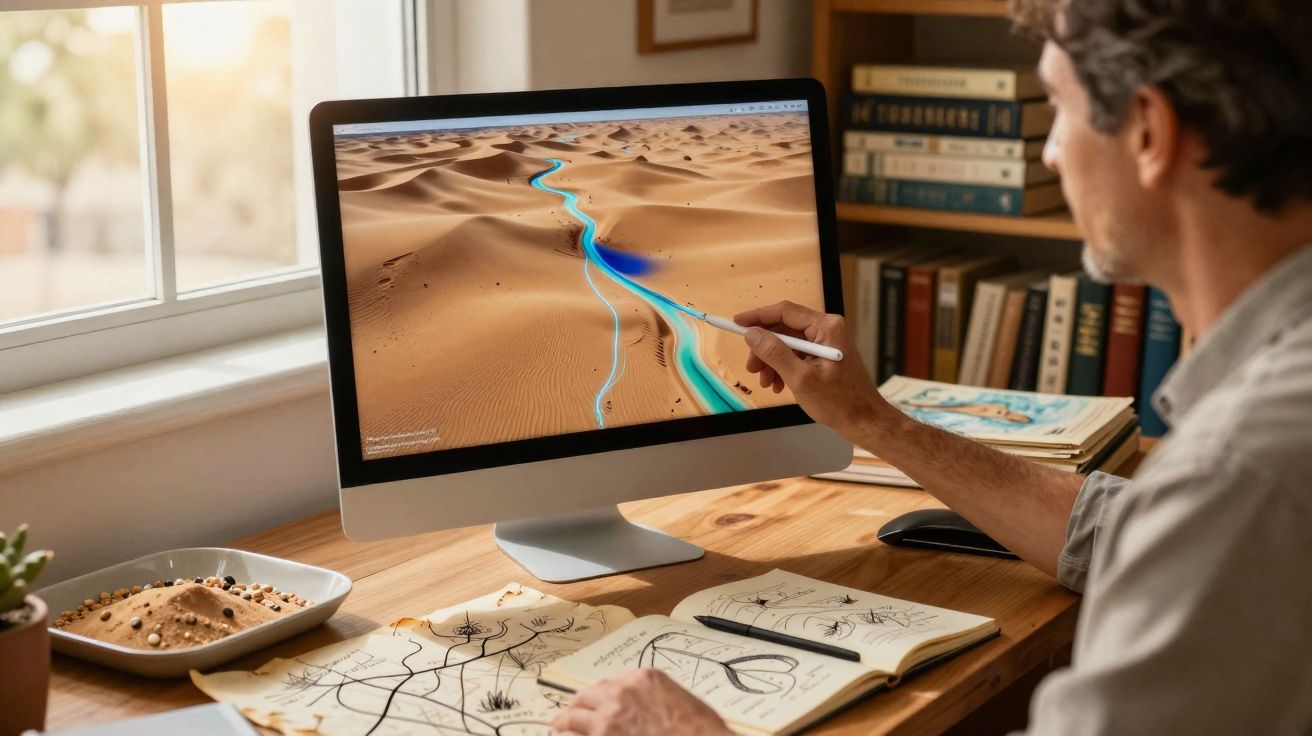 Pessoa desenhando um rio azul digital em um deserto na tela do computador, com cadernos e livros na mesa.