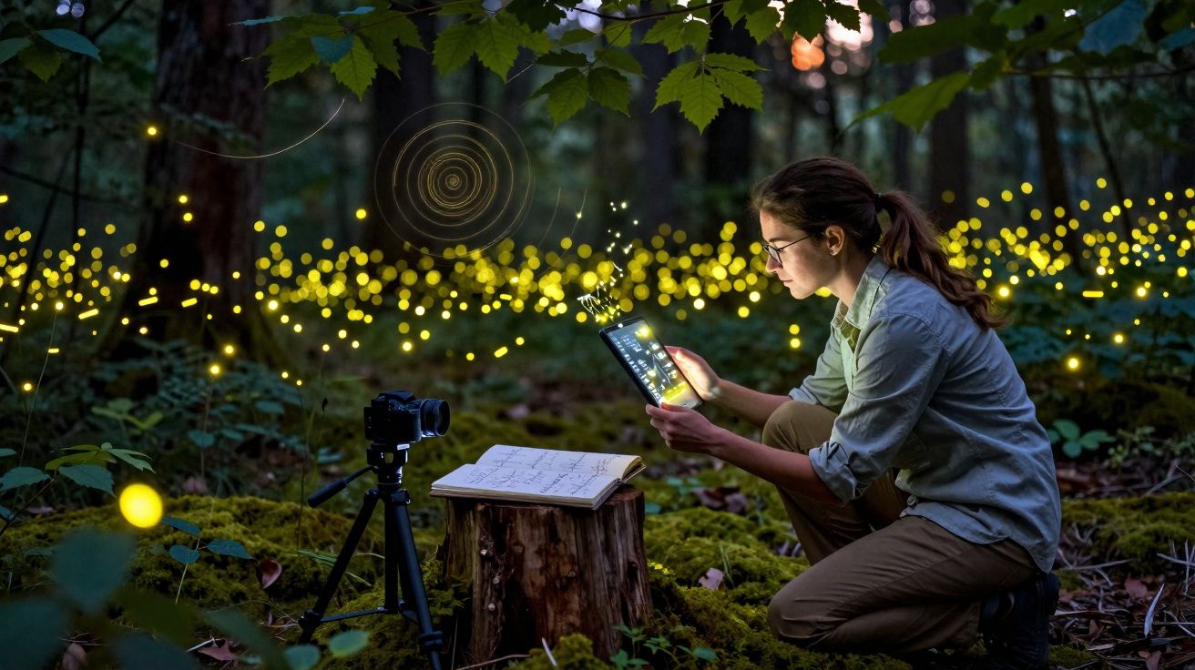 Mulher em floresta à noite registra vaga-lumes com tablet, câmera, e caderno em toco de árvore.