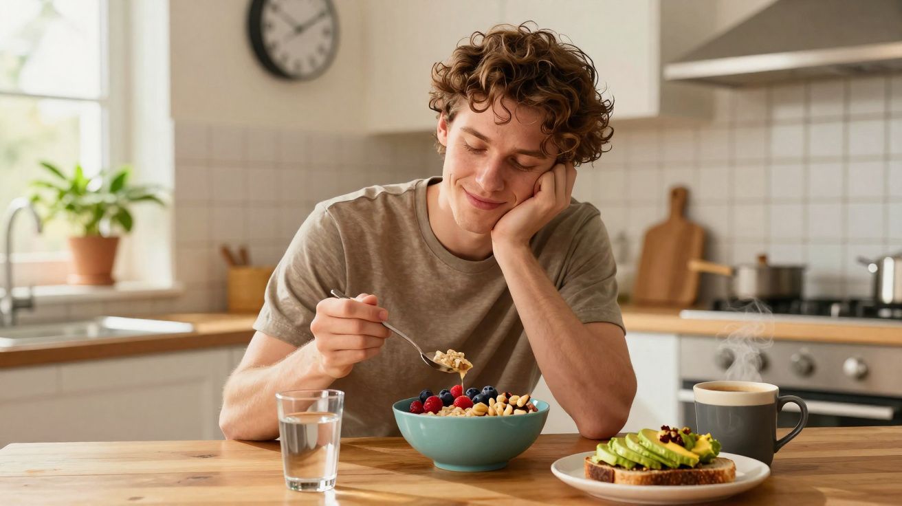 Jovem sorridente sentado à mesa tomando café da manhã saudável com frutas, torrada e bebida quente na cozinha.