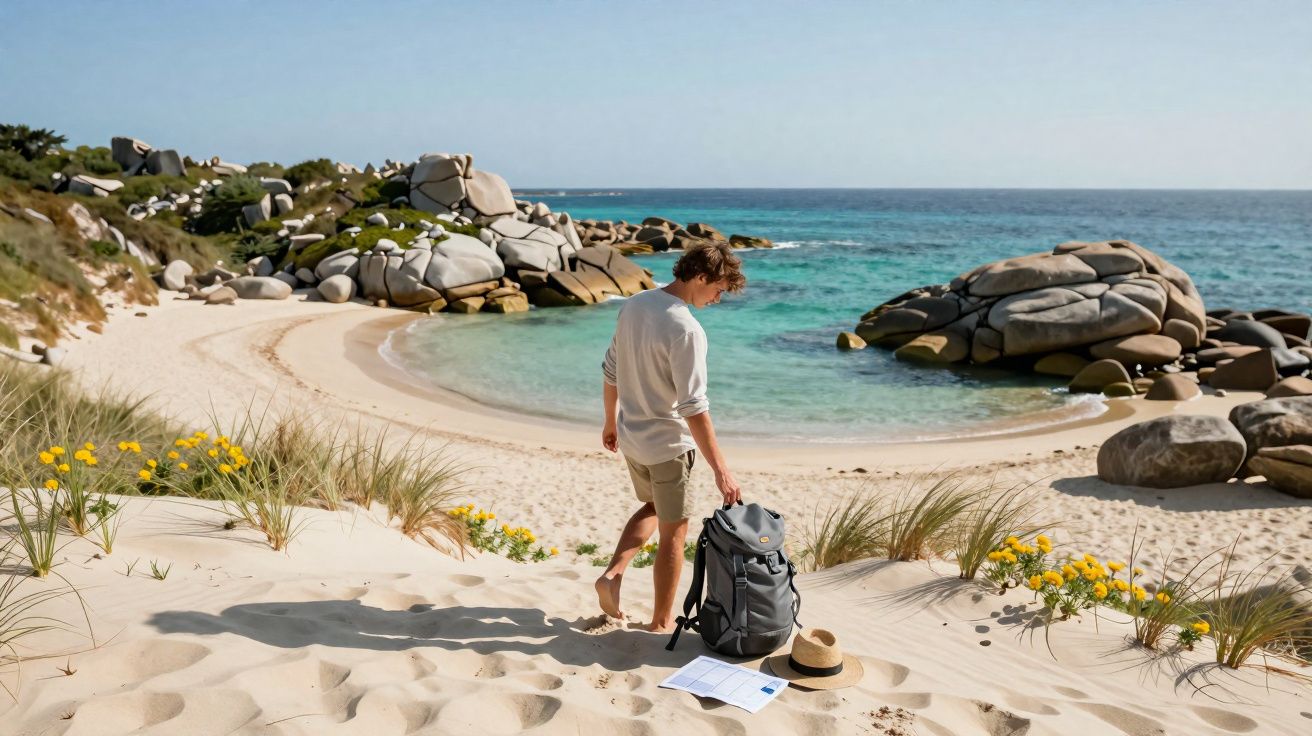Homem de camiseta branca com mochila na praia de areia clara, com flores amarelas e pedras ao fundo.