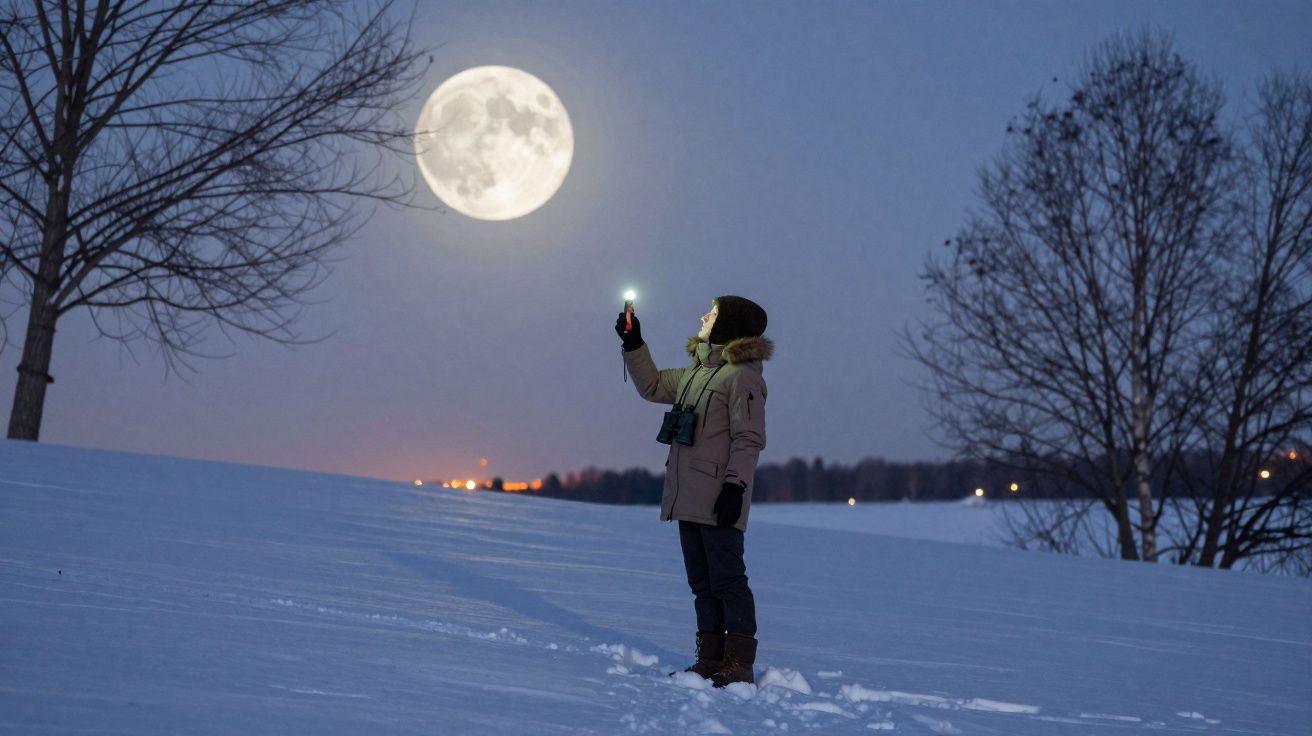 Pessoa vestindo casaco de inverno em campo com neve segurando lanterna sob a lua cheia à noite.