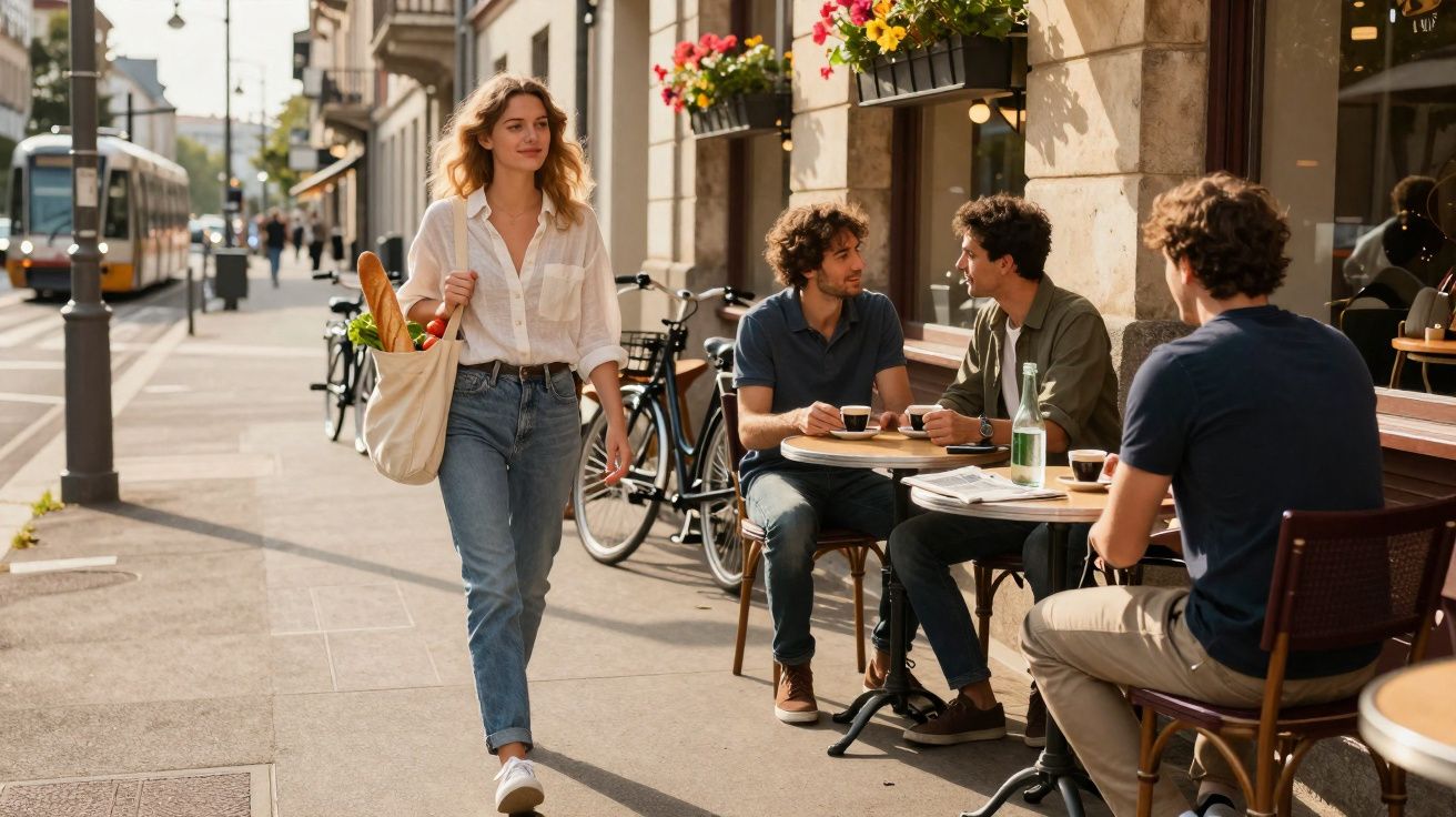 Mulher caminhando na calçada com bolsa de compras enquanto três homens conversam em café ao ar livre.