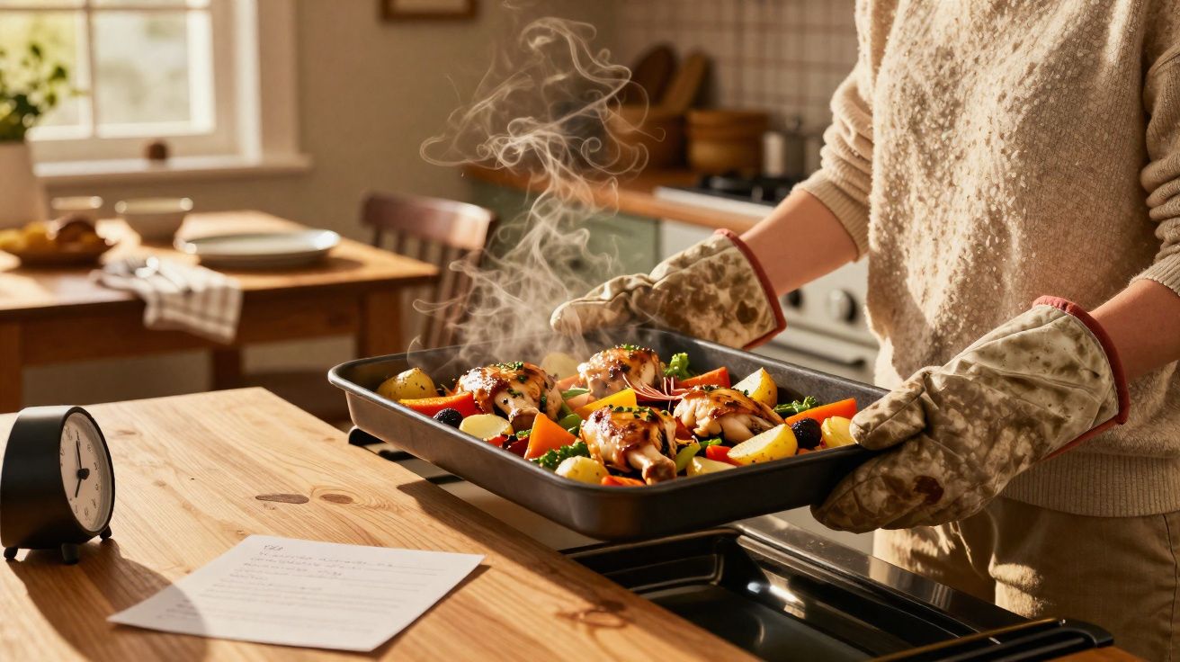 Pessoa segurando assadeira com frango assado e legumes, saindo do forno na cozinha iluminada.