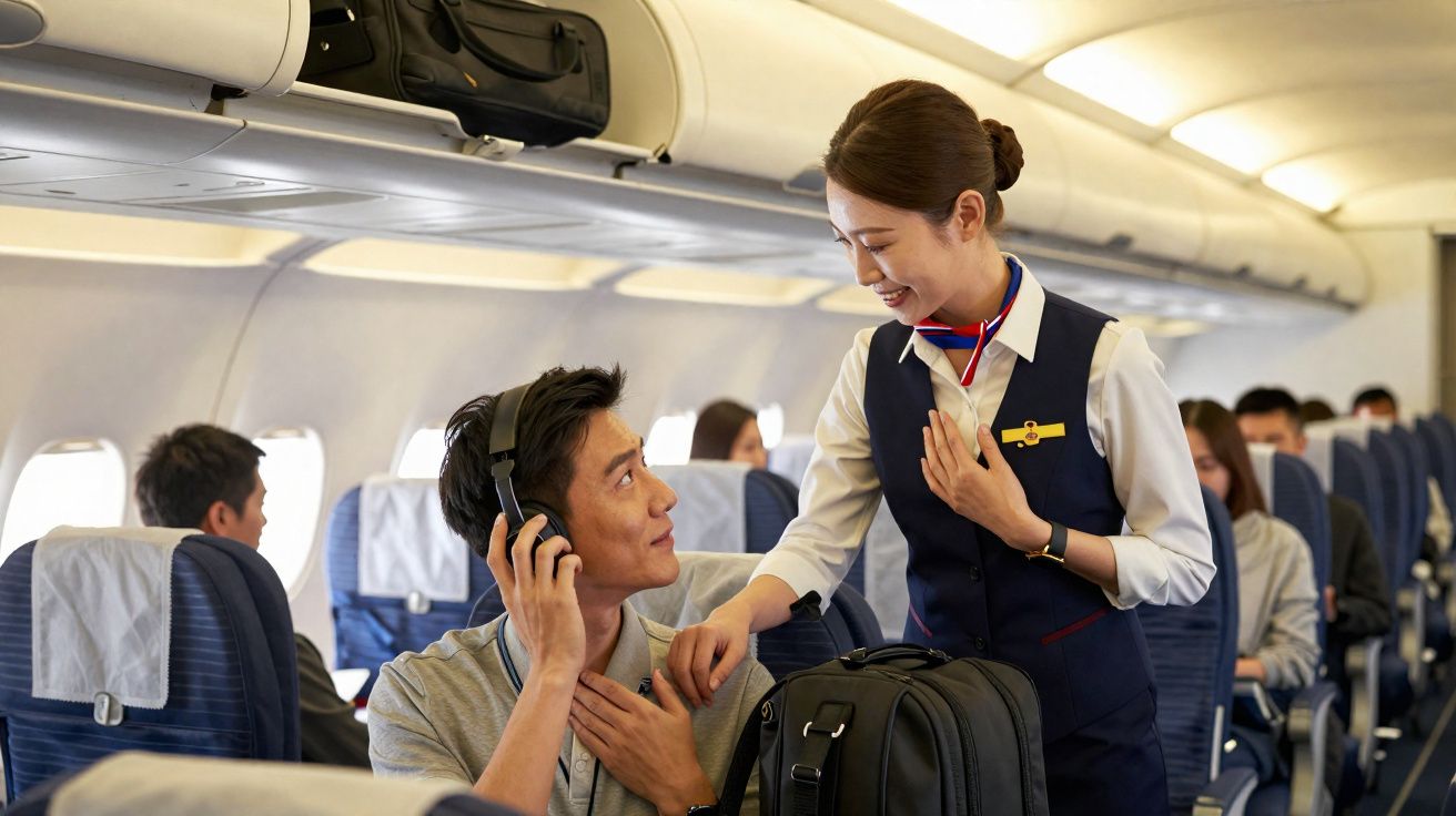 Comissária de bordo sorri para passageiro que usa fones em poltrona de avião durante voo.