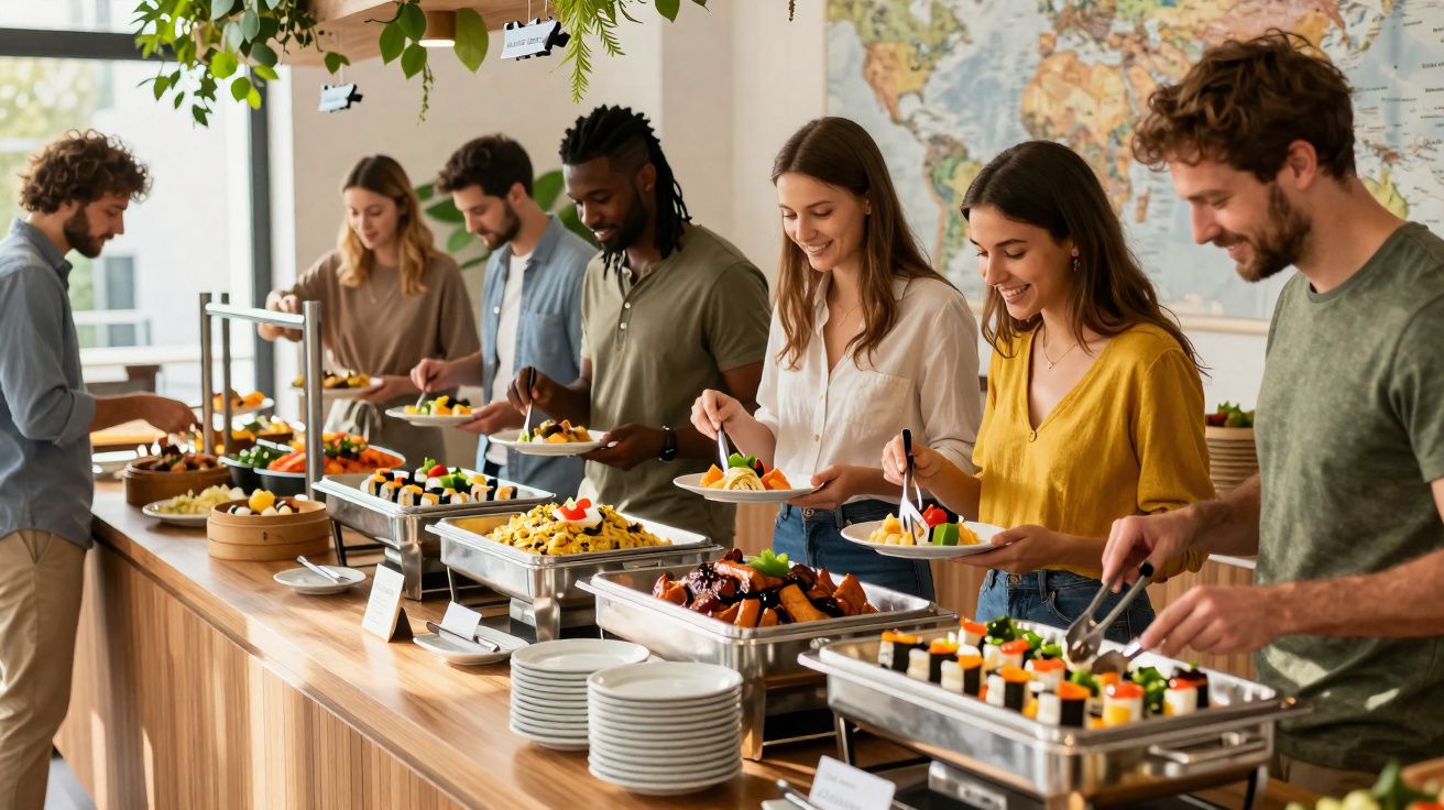 Grupo diverso de pessoas se servindo em buffet variado em ambiente iluminado e decorado.